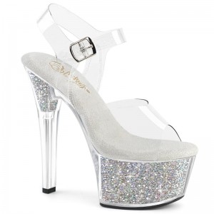 Dámské Sandály Na Platformě Pleaser Aspire-608RSI Rhinestones Stříbrné | CZ CZNMJD