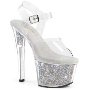 Dámské Sandály Na Platformě Pleaser Sky-308RSI Rhinestones Stříbrné | CZ CZWSHZ