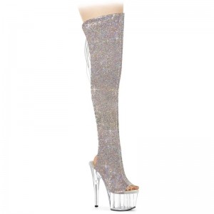 Dámské Vysoké Kozačky Pleaser Adore-3019C-RS AB Rhinestones Stříbrné | CZ CZRYJM